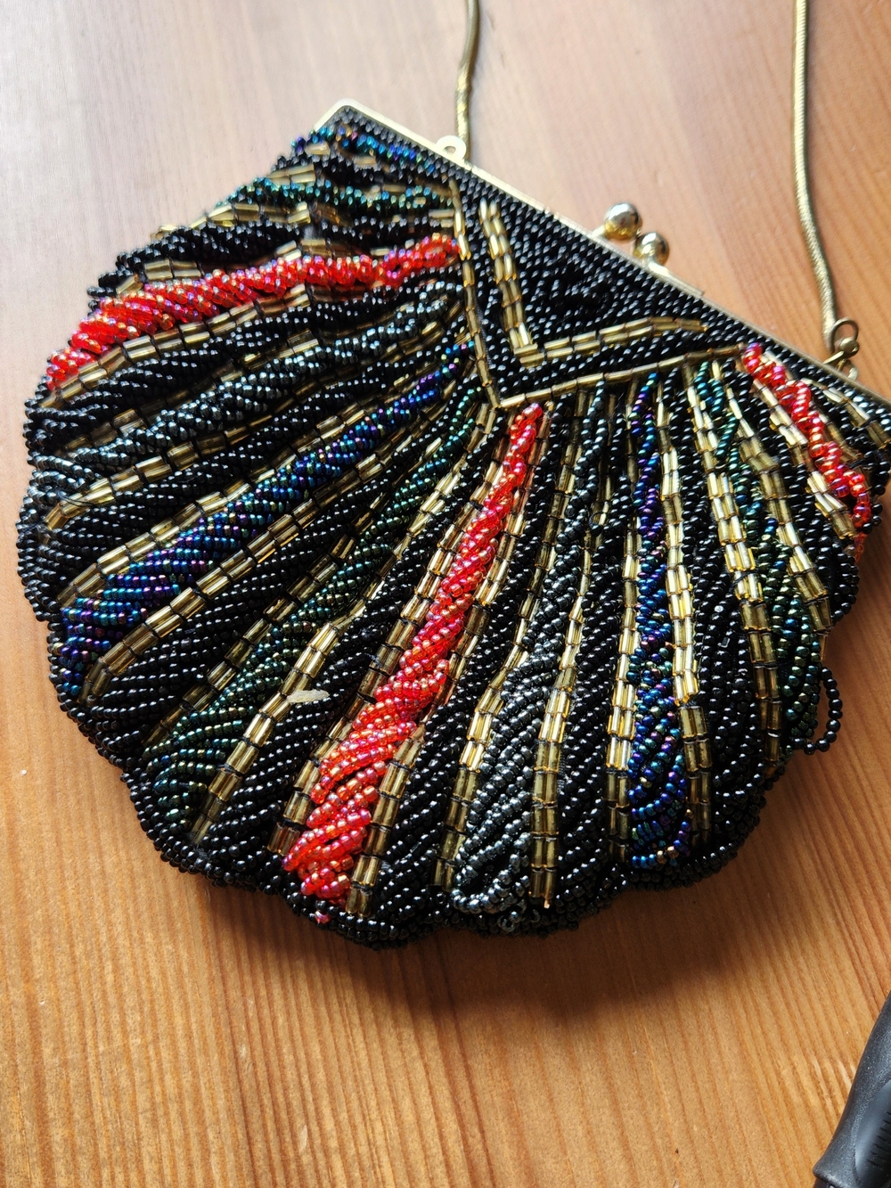 Beaded Shell Evening Bag - Black with Gold & Red Accents